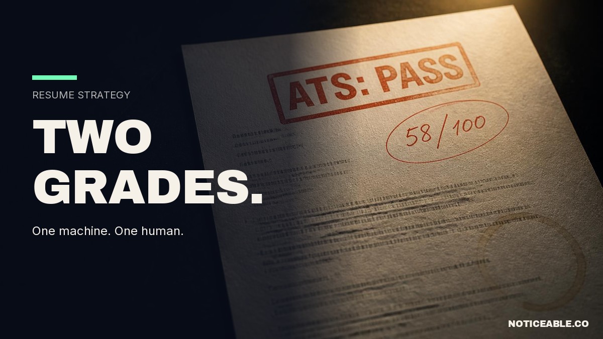Cinematic dark photo of a resume with a red-orange ATS: PASS stamp and a handwritten 58/100 grade, over the Archivo Black headline TWO GRADES.