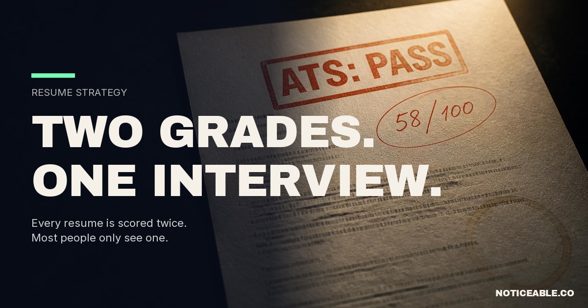 Cinematic dark photo of a resume with a red-orange ATS: PASS stamp and a handwritten 58/100 grade, over the Archivo Black headline TWO GRADES.
