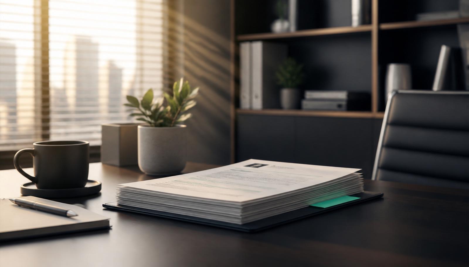 Empty executive desk with a stack of polished resumes, coffee cup and small plant in warm morning light