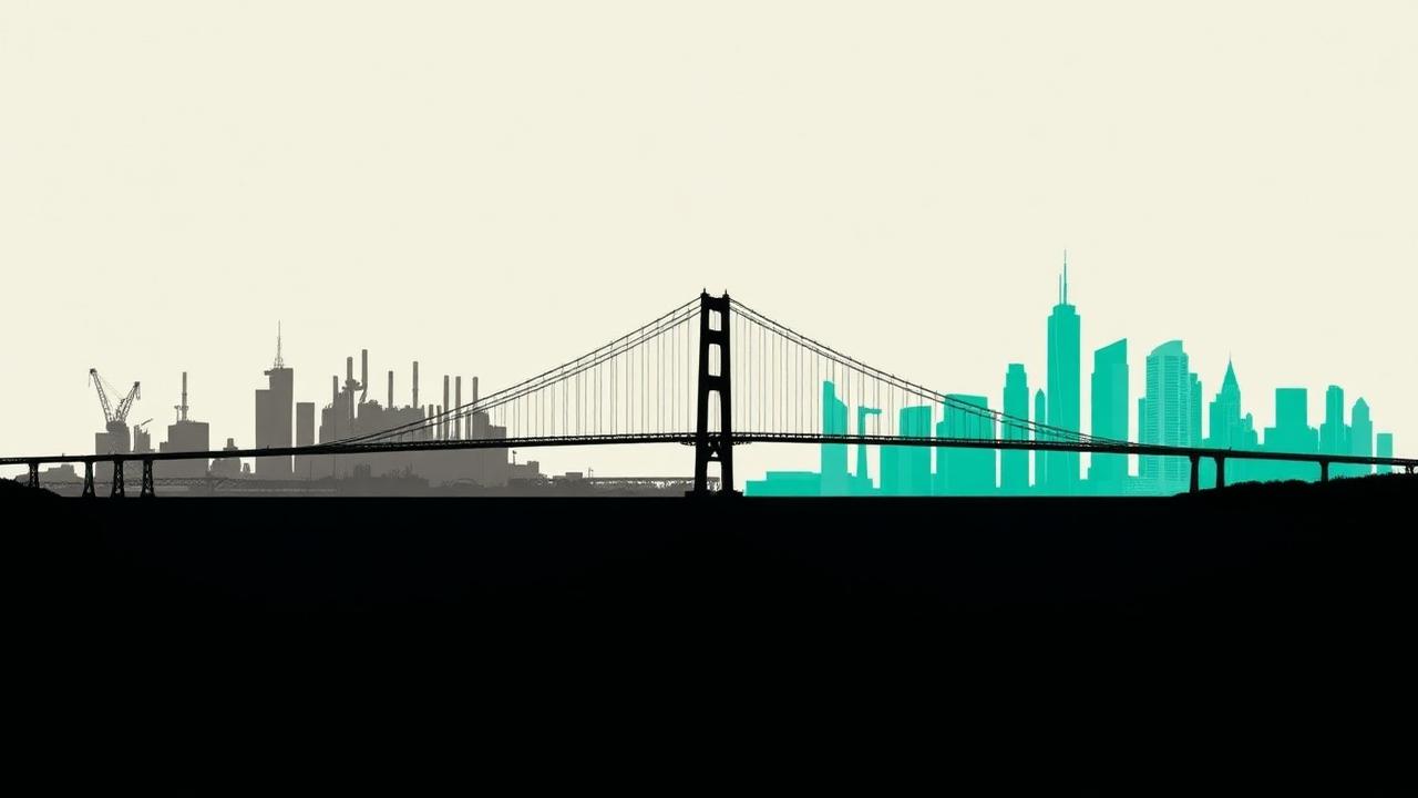 Stylized suspension bridge connecting a grayscale industrial skyline to a vibrant mint-green modern city — visual metaphor for a career pivot into a new industry