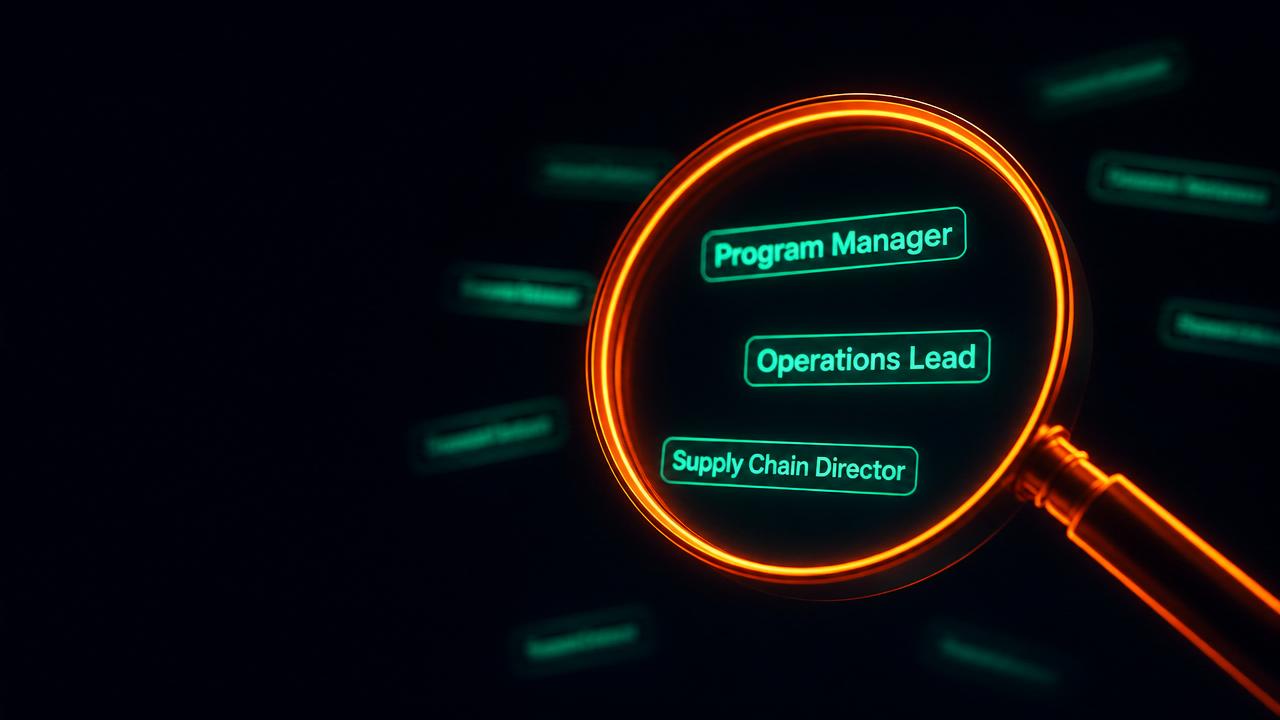 Neon orange magnifying glass revealing hidden mint-green job title labels on a dark background